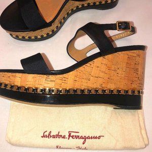 Salvatore Ferragamo Platform Sandals Black Gold Size 7B